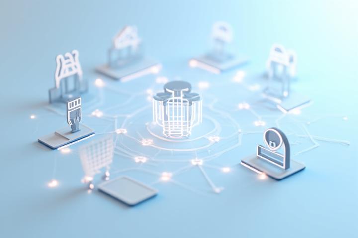 Bilde som illustrerer en omnichannel-opplevelse med sammenkoblede ikoner for online shopping, fysisk butikk, mobil og kundeservice, alle sentrert rundt en forbruker.