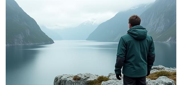 Person på fjelltur i funksjonelle og stilige turklær, norsk natur i bakgrunnen