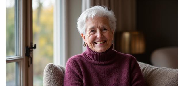 Elegant kvinne i 60-årene smiler i stilig, komfortabelt antrekk