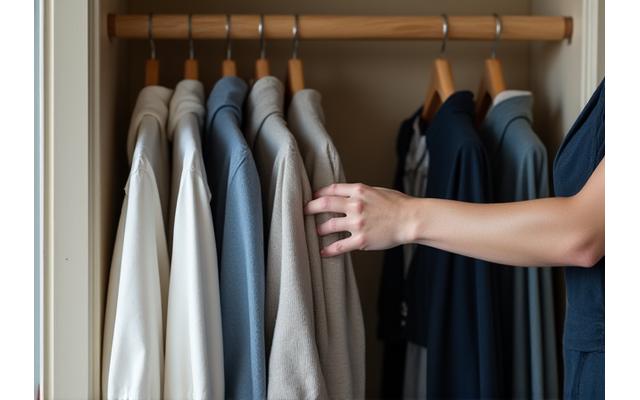Person organisere en bærekraftig garderobe med gjenbruksklær og minimalistisk design