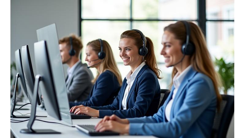 Et team av profesjonelle, smilende kundeservicemedarbeidere fra Fjellheim Kolleksjon sitter ved moderne skrivebord med headset, klare til å hjelpe, symboliserer effektiv og vennlig support.