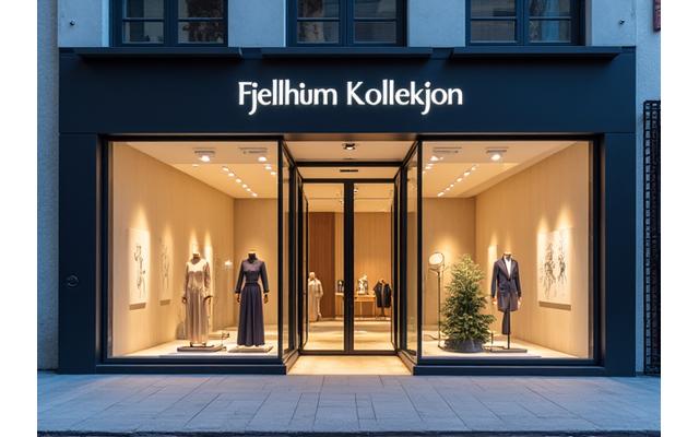 En luftig, minimalistisk inngangsparti til Fjellheim Kolleksjonens butikk i Oslo, med naturlig lys og hint av nordisk design, skaper en inviterende atmosfære.