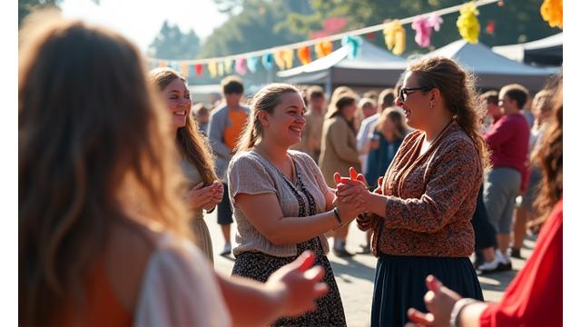 En livlig scene med folk i kulturelle klær som danser på en utendørs festival i Oslo, med Fjellheim Kolleksjon-banner i bakgrunnen.