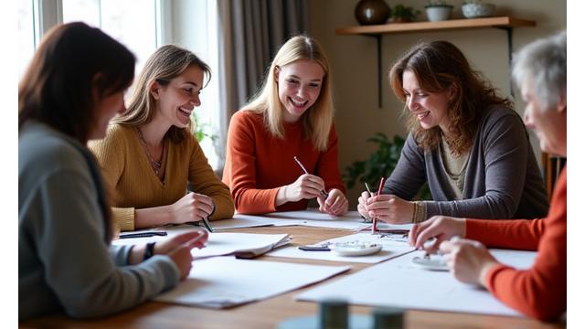 En gruppe voksne innvandrere og mentorer smiler og samhandler under et mote-designkurs, med tegninger og stoffer rundt seg.