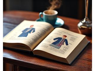 En åpen bok med illustrasjoner av forskjellige kulturelle klesplagg og deres historiske kontekst, belyst av et mykt lys.