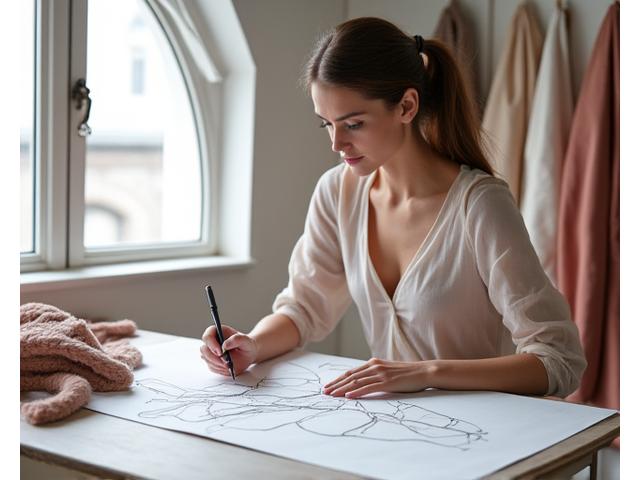 En designer skisserer unike klesplagg i et moderne studio, omgitt av stoffprøver og designverktøy, som viser frem kreativiteten bak eksklusive kolleksjoner.