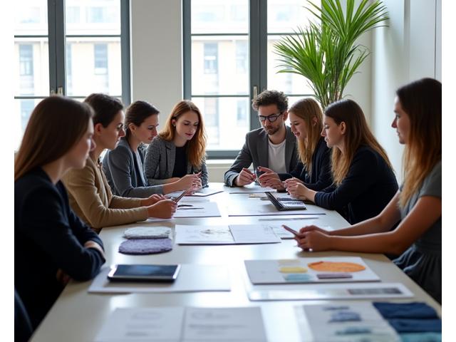 Minimalistisk skandinavisk designstudio med et team som brainstormer rundt brand identity og strategi, med moodboards og designerelementer